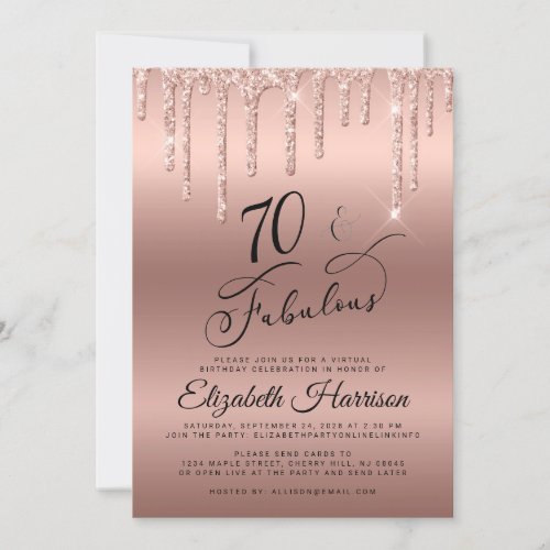 Rose Gold Glitter Virtual 70th Birthday Party Invitation
