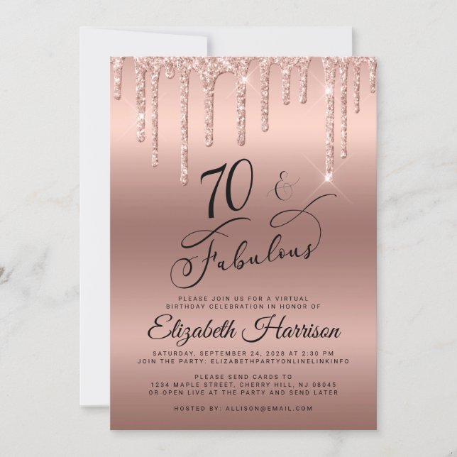 Rose Gold Glitter Virtual 70th Birthday Party Invitation (Front)