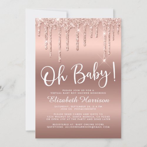 Rose Gold Glitter Virtual Baby Boy Shower Invitation