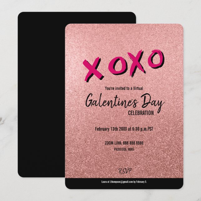 Rose Gold Glitter Virtual Galentine's Valentine Invitation (Front/Back)