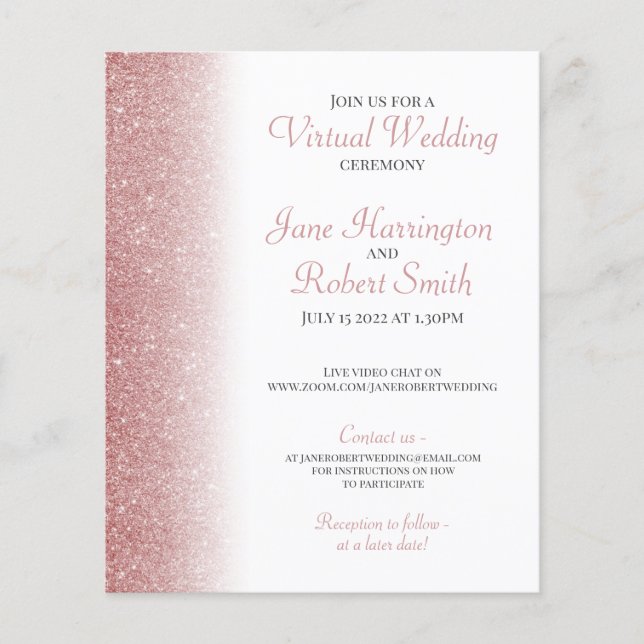 Rose Gold Glitter Virtual Wedding Paper Invitation (Front)