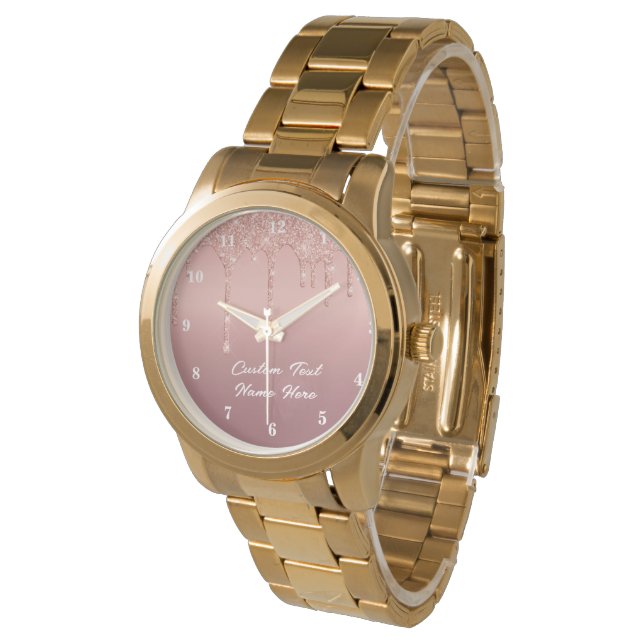 Rose Gold Glitter Watch with Custom Text Name (Angled)