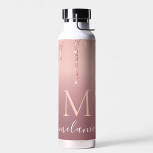 Rose Gold Glitter Water Bottle Custom Letter Name