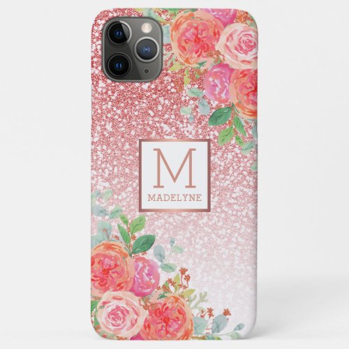 Rose Gold Glitter Watercolor Floral Monogram Name iPhone 11 Pro Max Case