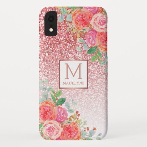 Rose Gold Glitter Watercolor Floral Monogram Name iPhone XR Case