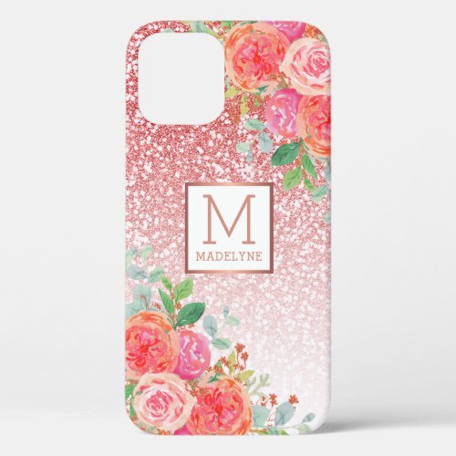 Rose Gold Glitter Watercolor Floral Monogram Name iPhone 12 Case