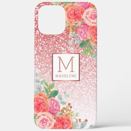 Rose Gold Glitter Watercolor Floral Monogram Name iPhone 12 Pro Max Case