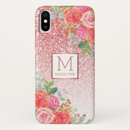 Rose Gold Glitter Watercolor Floral Monogram Name iPhone XS Case