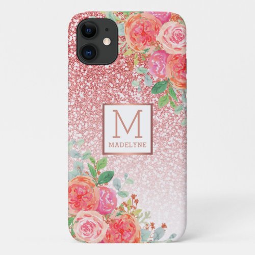 Rose Gold Glitter Watercolor Floral Monogram Name iPhone 11 Case