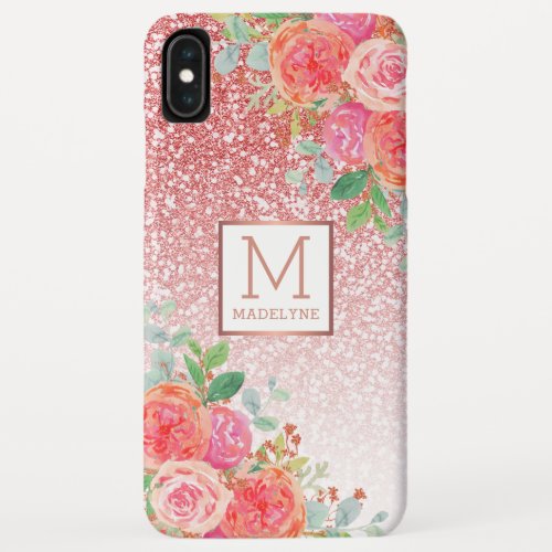 Rose Gold Glitter Watercolor Floral Monogram Name iPhone XS Max Case