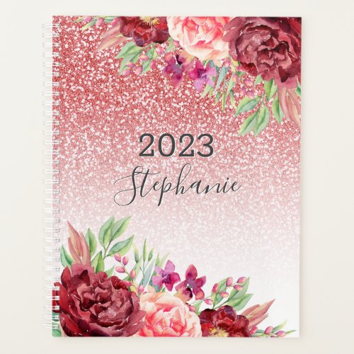 Rose Gold Glitter Watercolor Floral Personalized Planner