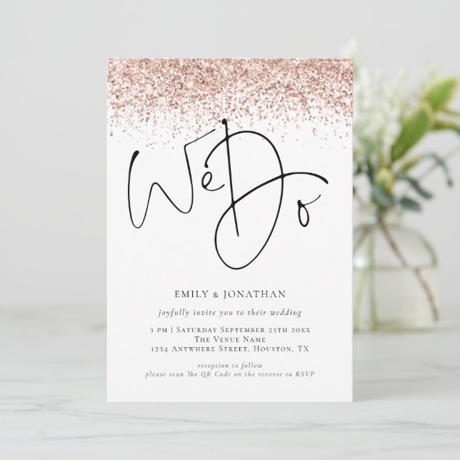 Rose Gold Glitter We Do QR Wedding Invitation (Standing Front)