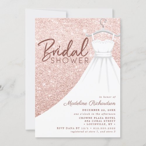 Rose Gold Glitter Wedding Dress Chic Bridal Shower Invitation