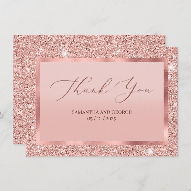 Rose Gold Glitter Wedding Flat Thank You Card (Front/Back)