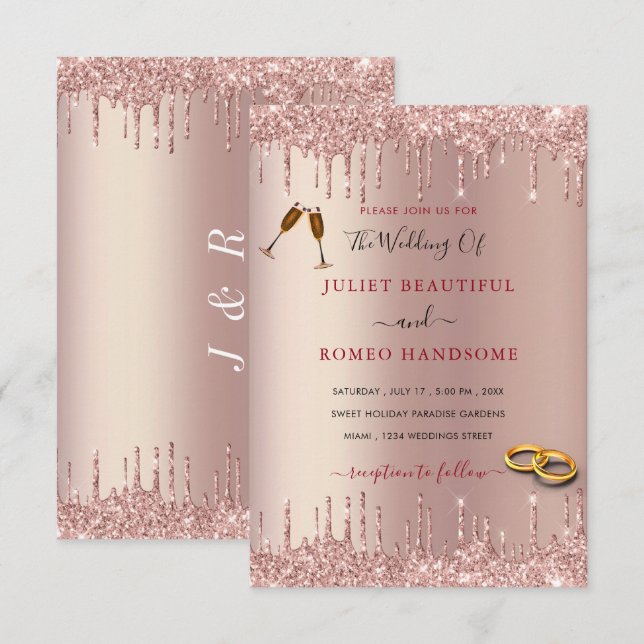 Rose Gold Glitter Wedding Invitations Example (Front/Back)