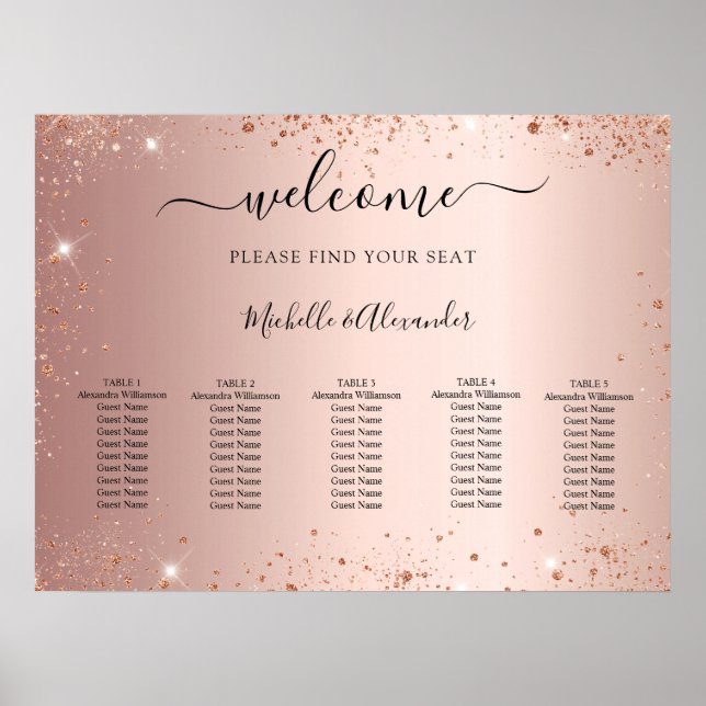 Rose gold glitter wedding seating chart (Front)
