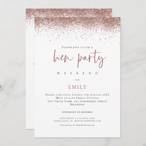 Rose Gold Glitter Weekend Itinerary Hen Party Invitation