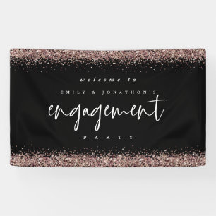 Rose Gold Glitter Welcome Engagement Party Black Banner