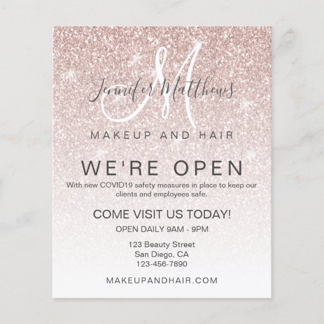 Rose Gold Glitter We're Open Salon COVID Safe Flyer (Front)