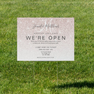 Rose Gold Glitter We're Open Salon COVID Safe Sign