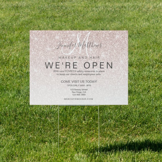 Rose Gold Glitter We're Open Salon COVID Safe Sign (Insitu)