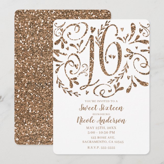 Rose Gold Glitter Whimsical Lettering Sweet 16 Invitation (Front/Back)