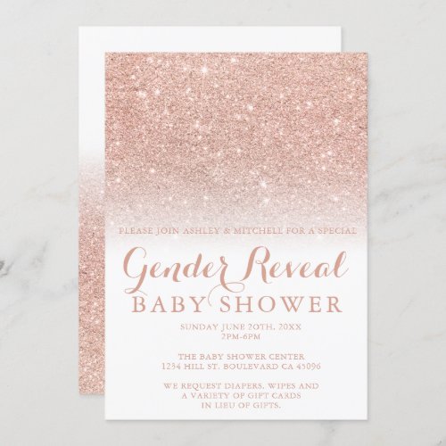 Rose gold glitter white gender reveal baby invitation