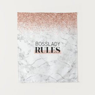 Rose Gold Glitter White Marble BossLady Rules Logo Tapestry