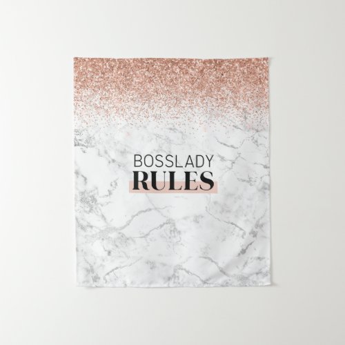 Rose Gold Glitter White Marble BossLady Rules Logo Tapestry