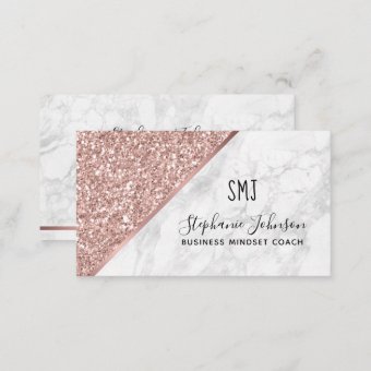 Rose Gold Glitter White Marble Monogram Logo Business Card | Zazzle