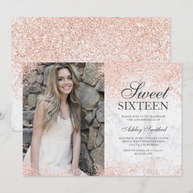 rose gold glitter white marble photo Sweet 16 Invitation (Front/Back)