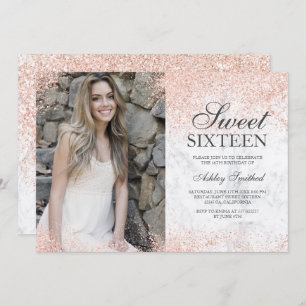 rose gold glitter white marble photo Sweet 16 Invitation