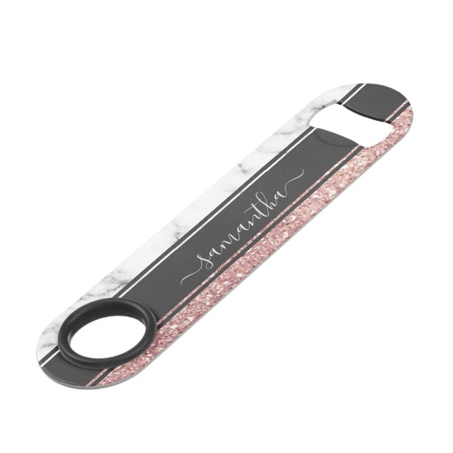 Rose Gold Glitter White Marble Striped Monogrammed Bar Key (Front Angled)