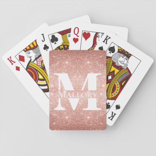 Rose Gold Glitter  White Monogram Custom Name Poker Cards