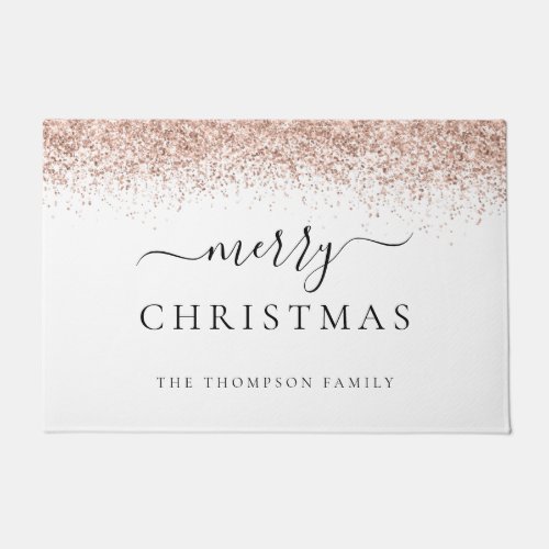 Rose Gold Glitter White Name Merry Christmas  Doormat