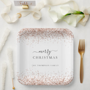 Rose Gold Glitter White Name Merry Christmas Paper Plates