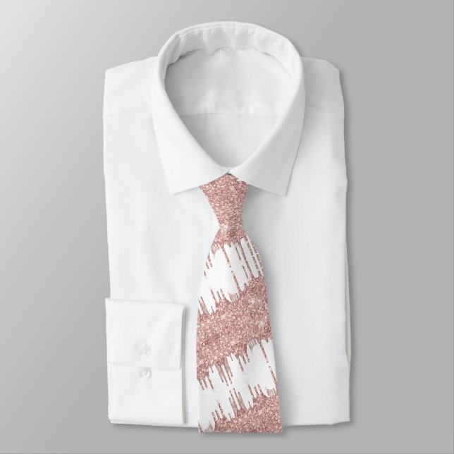 Rose Gold Glitter White Neck Tie (Tied)