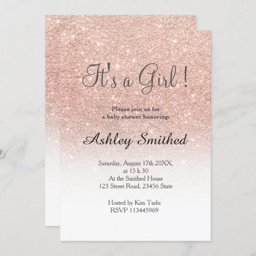 Rose gold glitter white ombre girl baby shower invitation