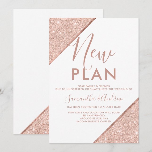 Rose gold glitter white wedding new plan postponed invitation (Front/Back)