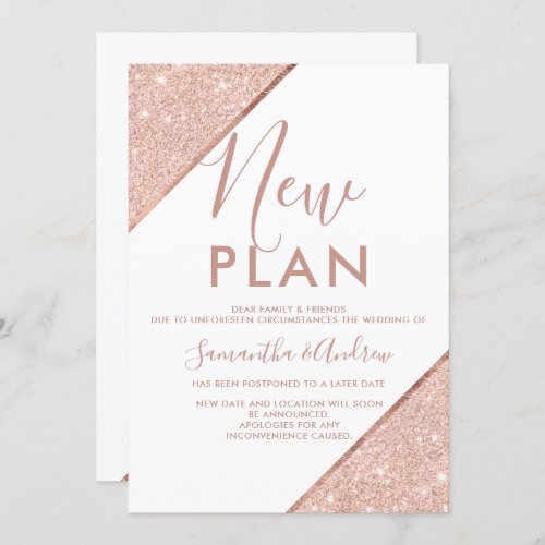 Rose gold glitter white wedding new plan postponed invitation