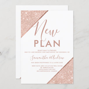 Rose gold glitter white wedding new plan postponed invitation