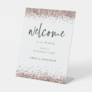 Rose Gold Glitter White Welcome to Wedding Pedestal Sign