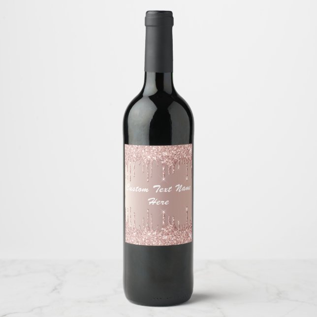 Rose Gold Glitter Wine Bottle Labels Custom Text (Front)