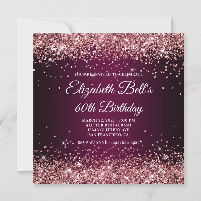 Rose Gold Glitter Wine Dark Ombre 60th Birthday Invitation (Front)