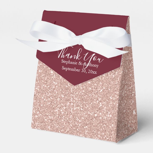 Rose Gold Glitter with Burgundy Wedding Thank You Favor Boxes (Front Side)