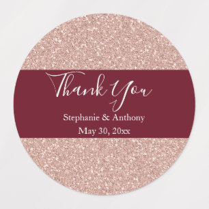 Rose Gold Glitter with Burgundy Wedding Thank You Labels