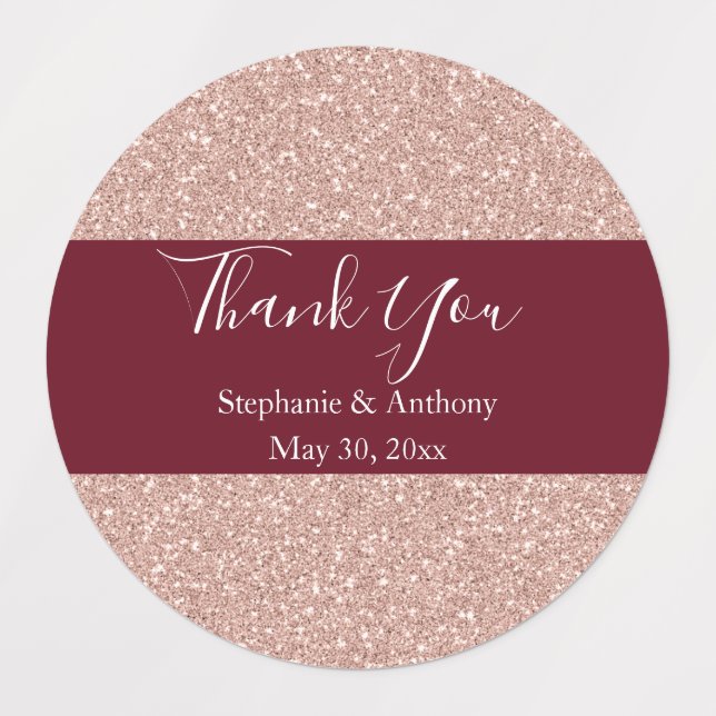 Rose Gold Glitter with Burgundy Wedding Thank You Labels (Design 1)