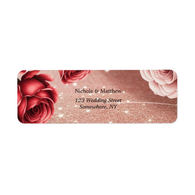 Rose Gold Glitter with Red Roses Wedding Address Label (Front)