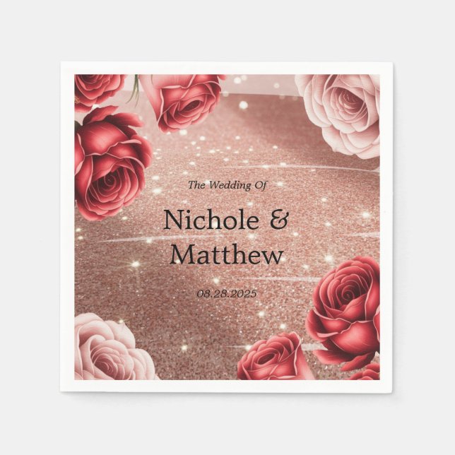 Rose Gold Glitter with Red Roses Wedding Napkins (Front)