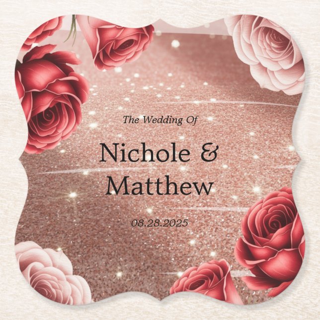 Rose Gold Glitter with Red Roses Wedding Paper Coaster (Front)